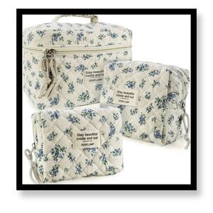 Floral Quilted Cosmetic Bag Set in Cream and Blue